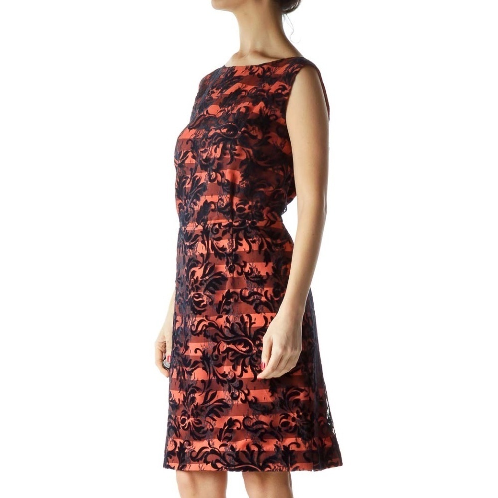 Tahari Orange Lace Velvet Embroidered Cocktail Dress - Picture 2 of 5